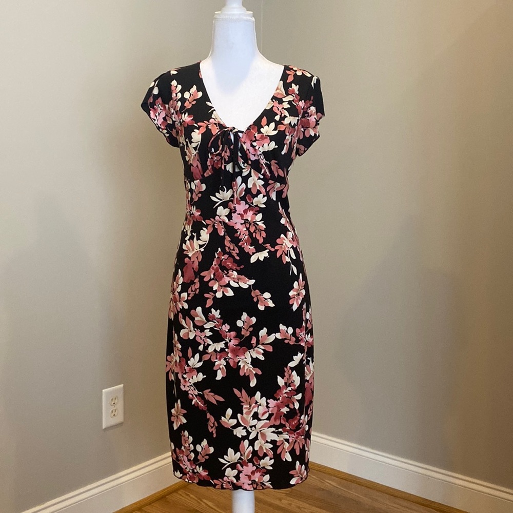 Lovely Black Dress with Pink Cherry Blossom pattern and Cap Sleeves